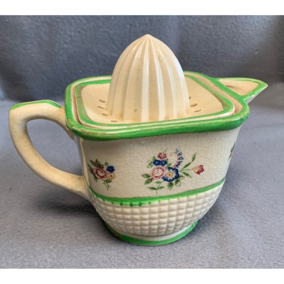 Vintage Ceramic Floral Citrus Reamer Juicer Pitcher with Green Trim - Picture 3 of 13